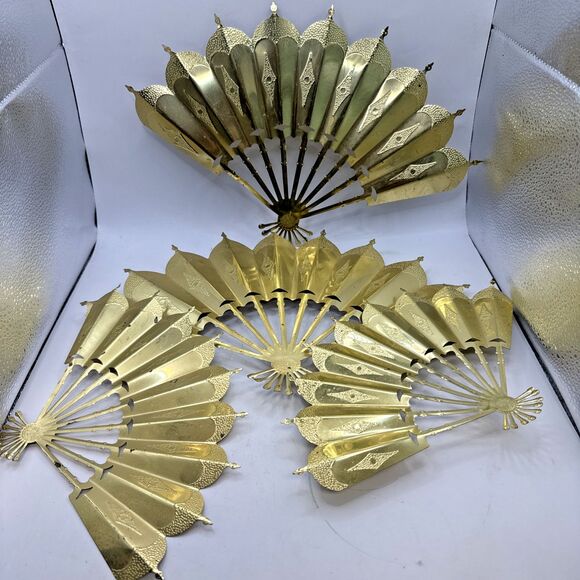 Vtg Home Interiors Gold Tone Fans Set Of 4 Wall Hanging Decor Oriental - Picture 1 of 7